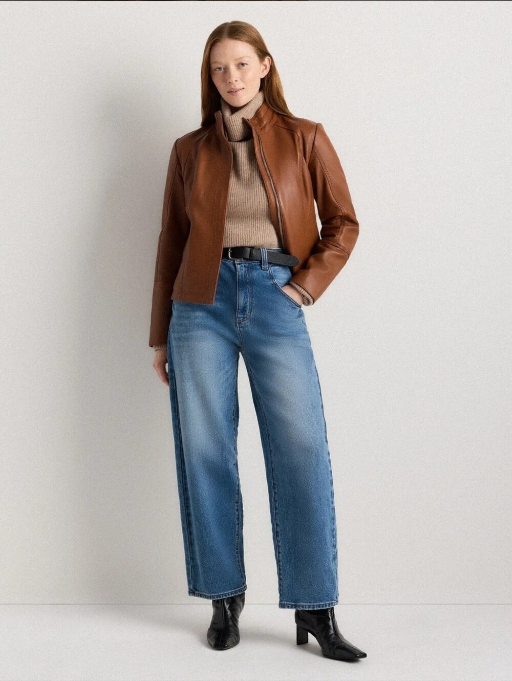 NWT! Quince 100% Leather Cognic Stand Collard Jacket! Woman's Sz. M! (E26) - Picture 2 of 14